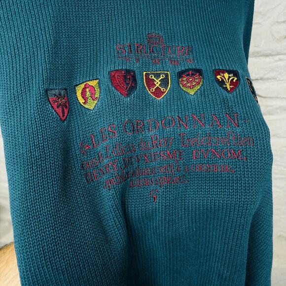 Structure Ramie Cotton Crewneck Sweater Embroidered Logo Turquoise Vintage 90's - Picture 3 of 6